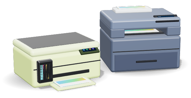 An ink tank printer beside a multifunction printer